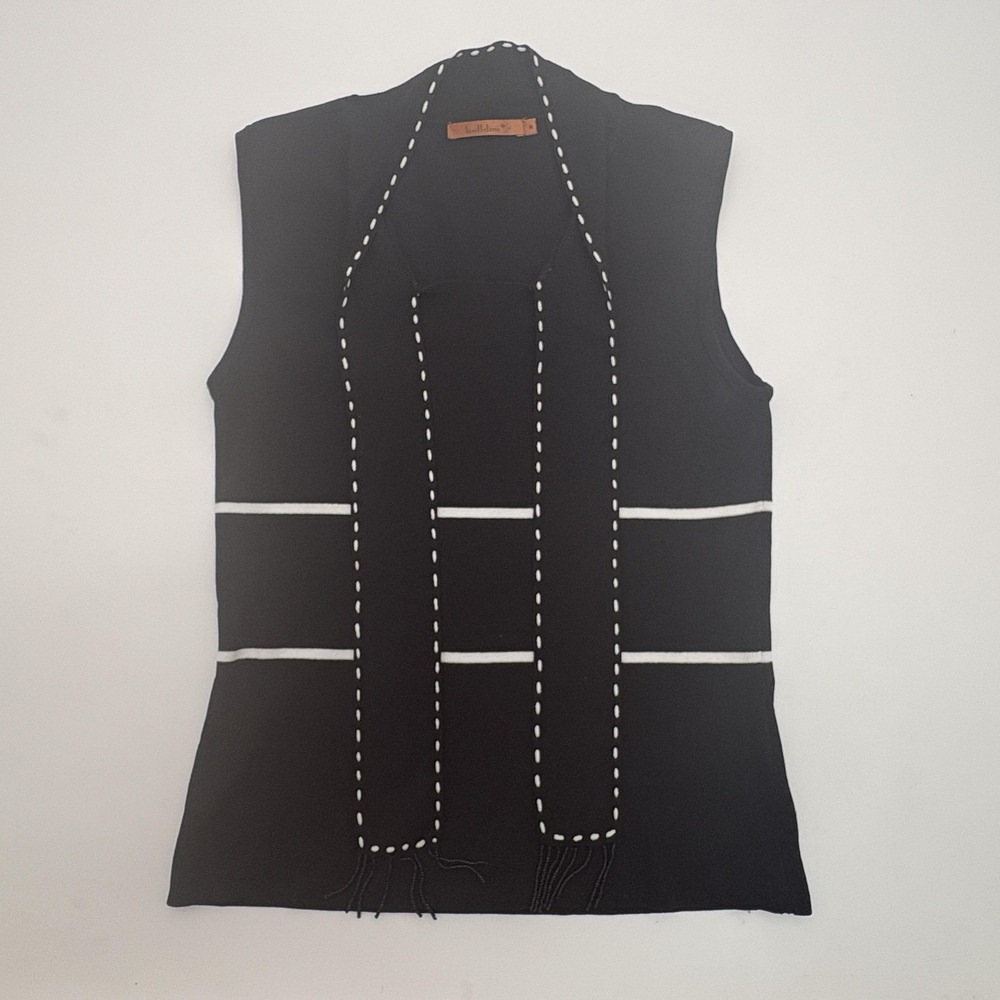 Bellami Sweater Vest Womens‎ M Black Stripe Open Front Fringe Knit Casual
